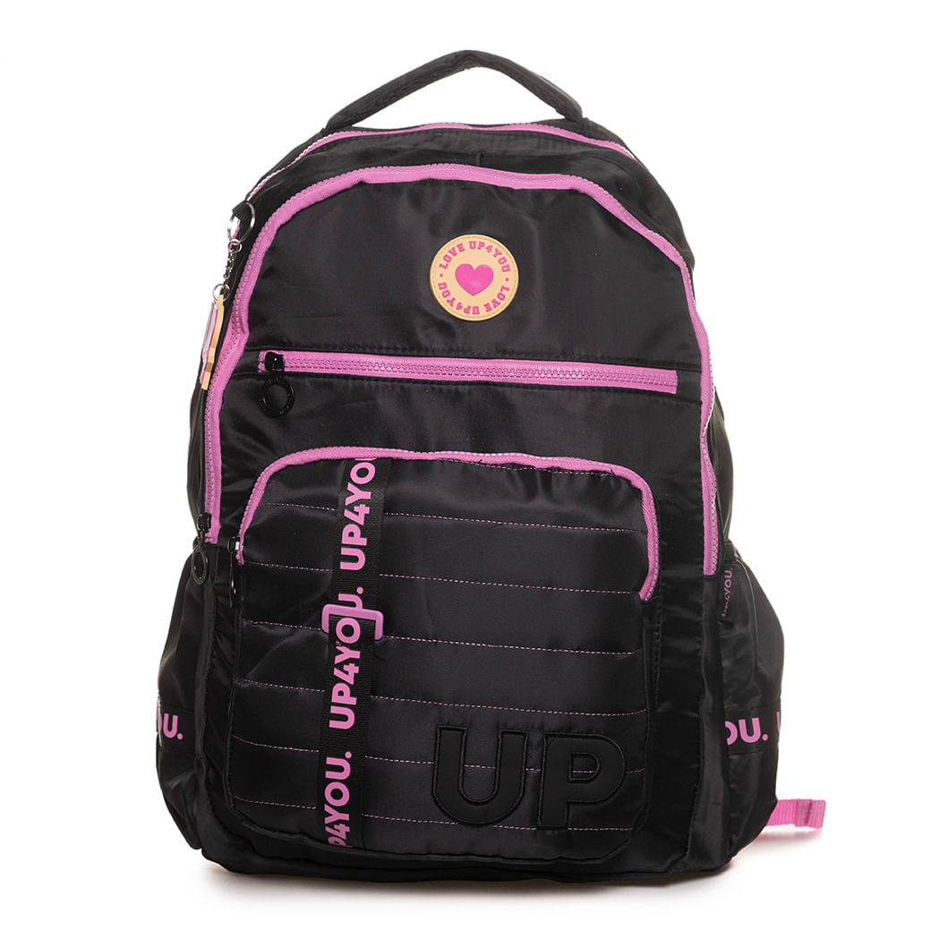Mochila infantil Luxcel Up4You preta vista frontal com detalhes em rosa
